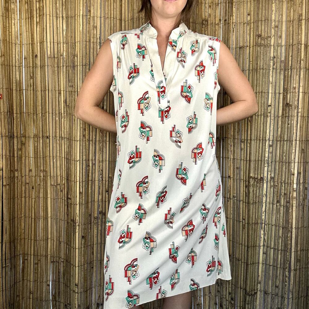 Vintage 1960s Novelty Portrait Print Shift Dress Flapper Lady Mod Orange Blue